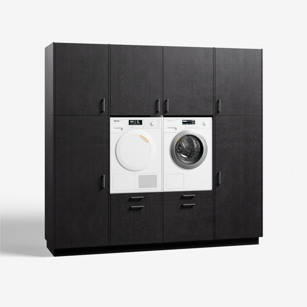 Moderne 'full house' wasmachinekast in 'feelwood black' met 'ara zwart matte' handgrepen, met geïntegreerde wasmachine en droger.