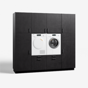 Moderne 'full house' wasmachinekast in 'feelwood black' met 'ara zwart matte' handgrepen, met geïntegreerde wasmachine en droger.