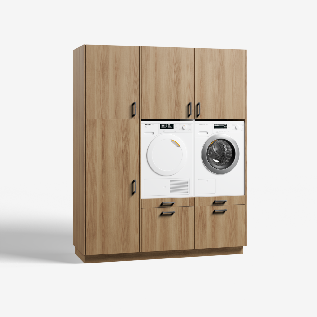 Moderne 'high card' wasmachinekast in 'natural ash' met 'ara zwart matte' handgrepen, voor geïntegreerde wasmachine en droger.