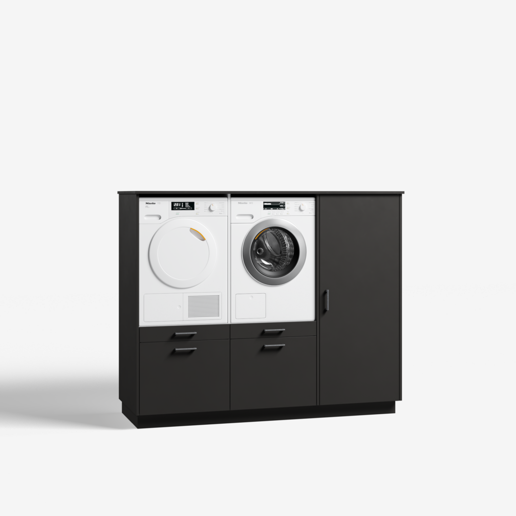 Moderne 'three of a kind' wasmachinekast in 'metallic black' met 'ara zwart matte' handgrepen, voor geïntegreerde wasmachine en droger.